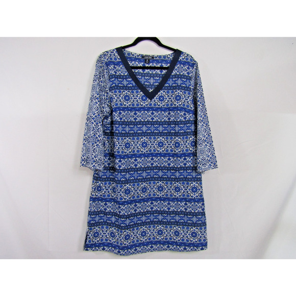 Lands' End Blue Tunic Top Floral sz M/10-12 Nautical Side Slit Boho Tropical - Picture 1 of 7